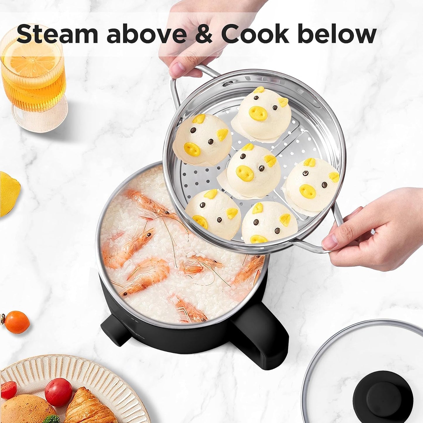 Topwit Hot Pot Electric with Steamer, 1.6L Ramen Cooker, Electric Pot for Pasta, Shabu-Shabu, Oatmeal, Soup and Egg, Portable Cooker with Dual Power Control, Dorm Room Essentials, Black