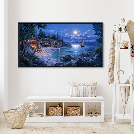 CHATYOUNG Beach Framed Wall Art - Large 24x48 IN Dark Blue Ocean Town Calm Moon Night Scenery Pictures Canvas Print Coastal Wall Paintings for Bedroom Living Room Kitchen Home Office Decor