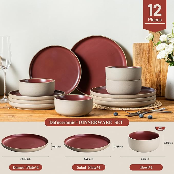 12 Pieces Dinnerware Sets,Plates and Bowls Sets,Handmade Reactive Glaze Dishes Set for 4 with at Least 10% Recycled Ceramic and the Raw Texture of the Clay (Angora Red)