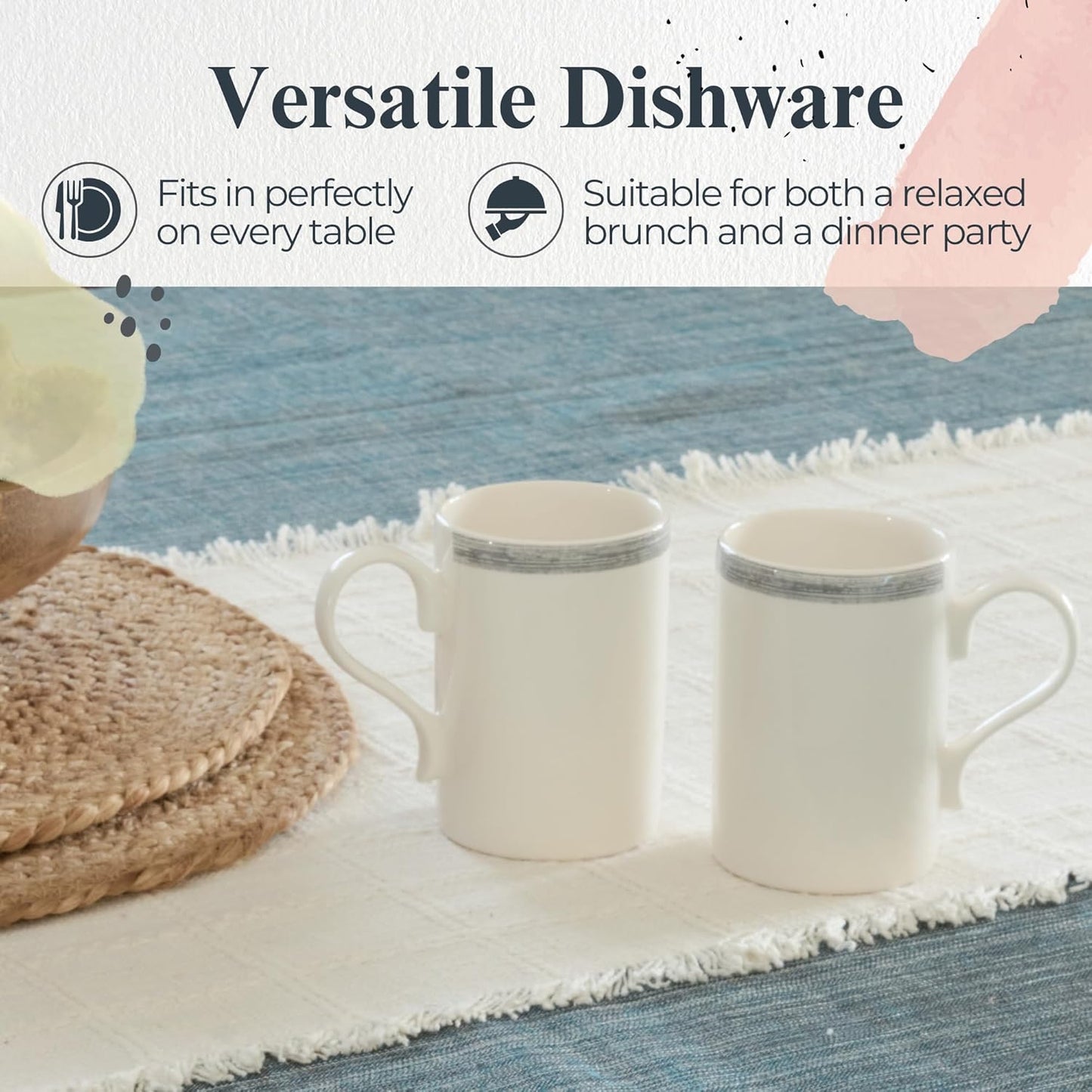 Portmeirion Potter's Brushstroke Coffee Mug (Set of 4) - 9oz White Ceramic Mugs with Grey Brushstroke Pattern - Microwave, Dishwasher, Freezer Safe Earthenware Mugs for Tea & Coffee Lovers (Grey)