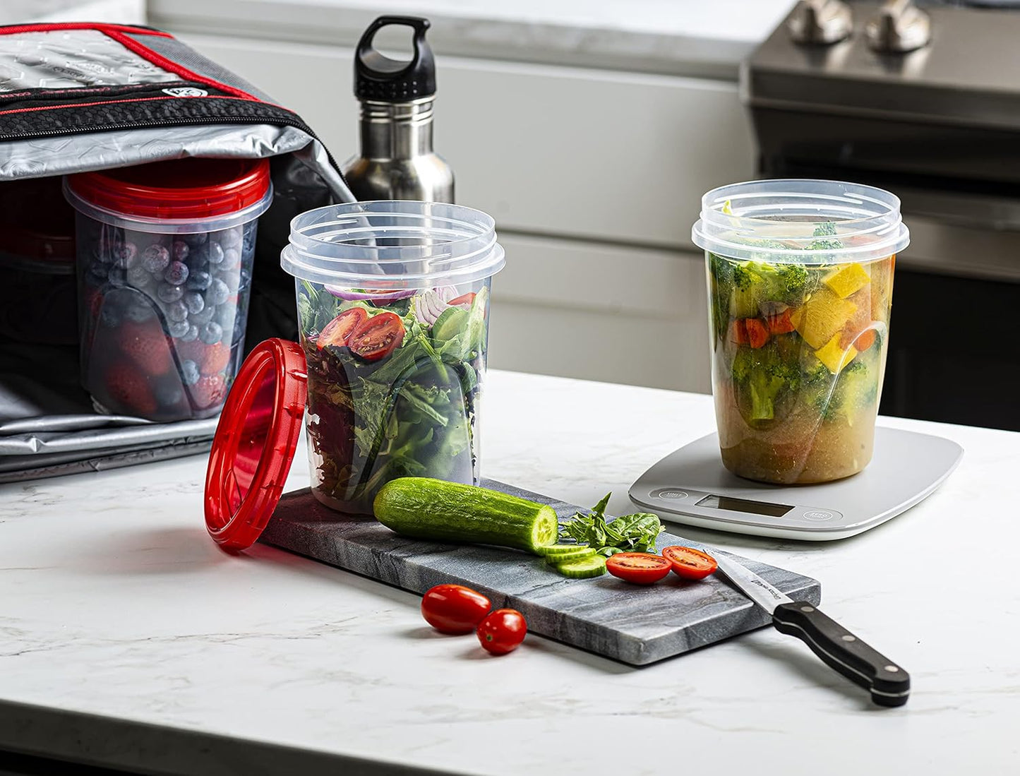 (32 Ounce 10 Pack) Twist cap Containers Clear Bottom With Red Top Screw on Lids Twist Top Food Storage Freezer Containers