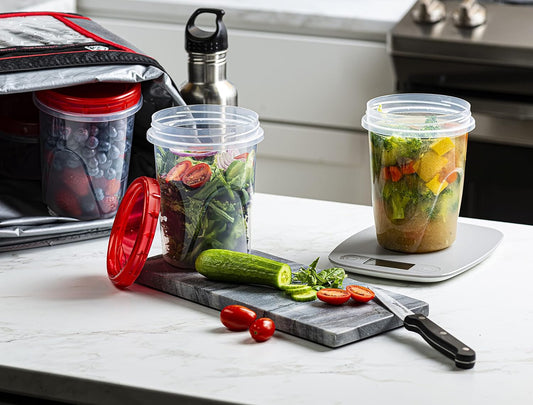 (32 Ounce 10 Pack) Twist cap Containers Clear Bottom With Red Top Screw on Lids Twist Top Food Storage Freezer Containers