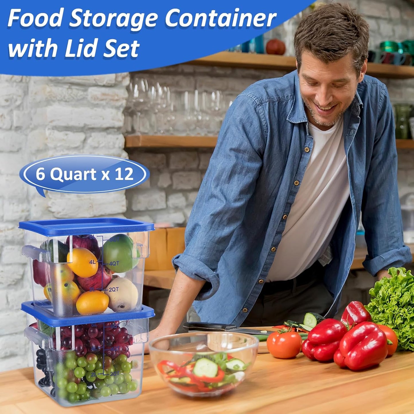 Yungyan 12 Pcs 6 Qt Commercial Food Storage Containers with blue Lids Restaurant Square Airtight Food Storage Containers Clear Cereal Container for Kitchen Freezer Dishwasher Pantry