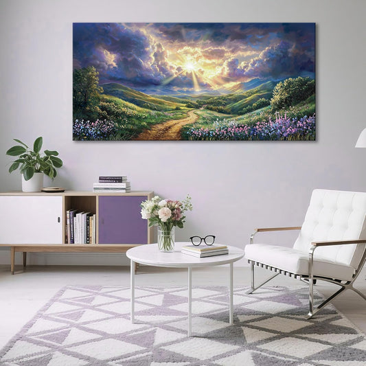 HKDGOKA Large Landscape Canvas Wall Art, Green Mountains Purple Clouds Flower Scenery Canvas Pictures Paintings Artwork for Living Room Bedroom Office Kitchen Home Wall Decor 29x58 IN