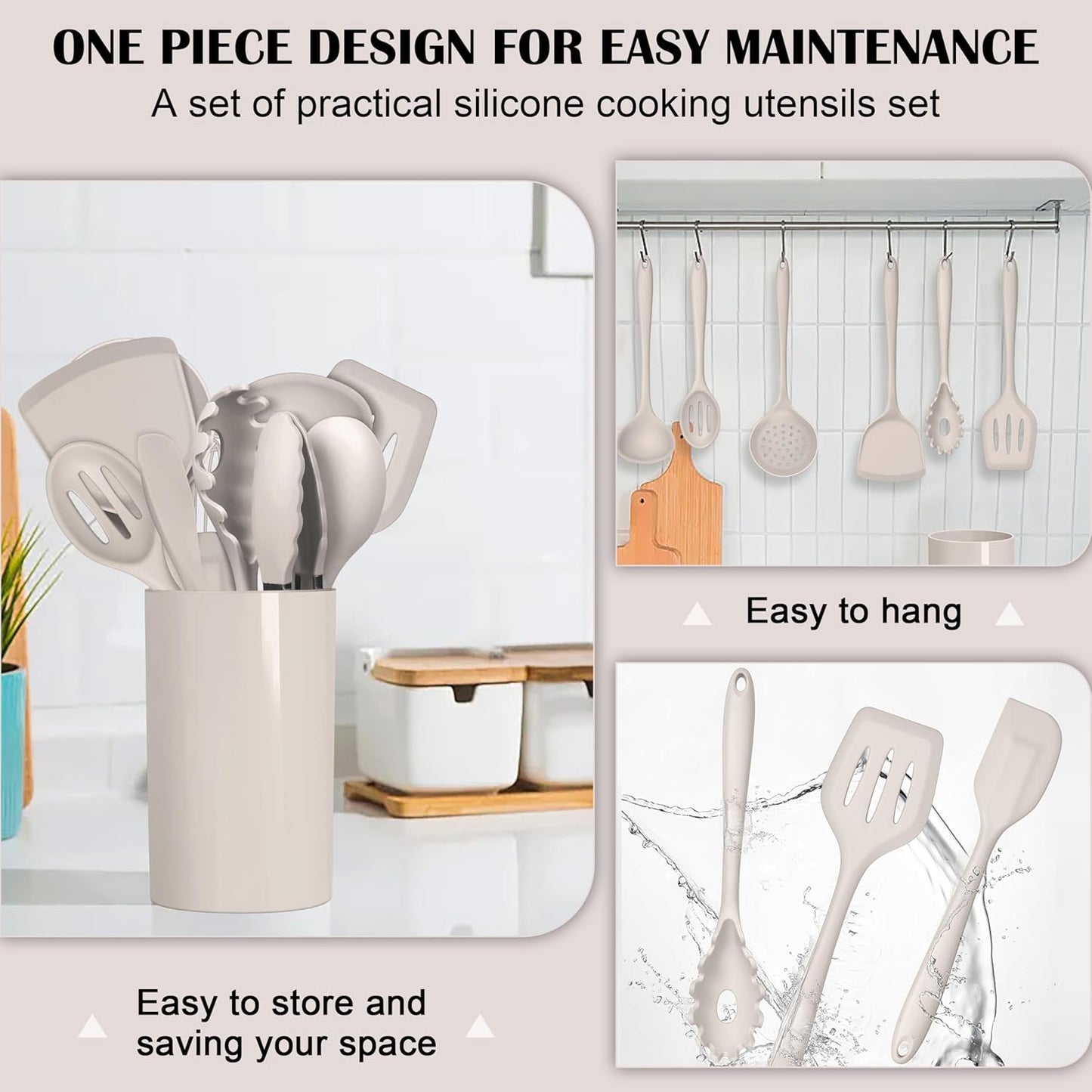 HaWare Kitchen Utensils, 14 PCS Silicone Cooking Utensils Set, Heat Resistant Kitchen Utensils for Non-stick Cookware, Kitchen Gadgets Tools with Spoons, Spatulas, Whisk, Dishwasher Safe (Khaki)