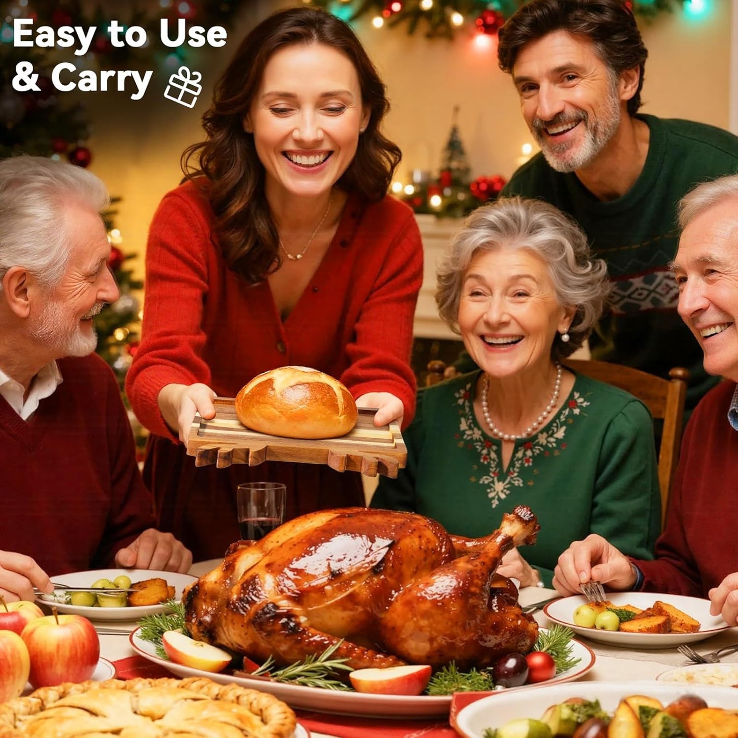 2 Pcs Christmas Charcuterie Boards, Antler & Candy Wooden Cutting Board with Handle, Acacia Wood Christmas Serving Tray for Cheese Fruit Bread Salad Vegetables Snack Dessert