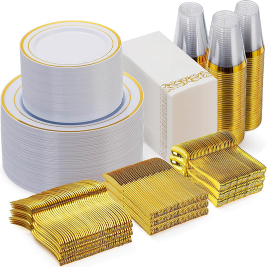 Goodluck 700 Piece Gold Dinnerware Set for 100 Guests, Disposable for Party, Include: 100 Gold Rim Dinner Plates, 100 Dessert Plates, 100 Paper Napkins, 100 Cups, 100 Plastic Silverware Set