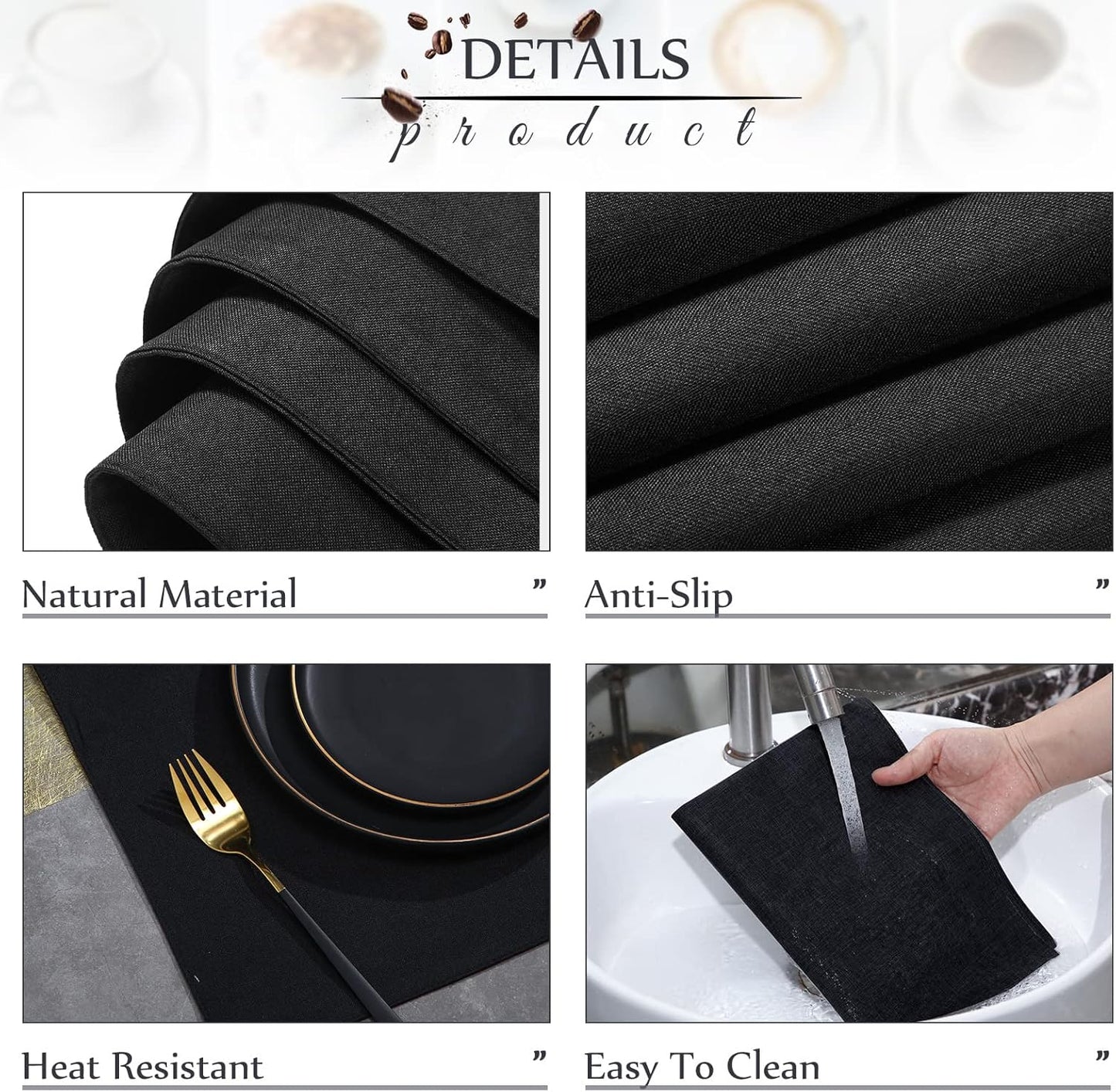 Sieral Cloth Placemats Set of 12 Rectangle Dining Table Placemats Bulk 13 x 19 Inch Machine Washable Heat Resistant Cotton Linen Table Mats for Wedding Baby Shower Birthday Party Supplies(Black)