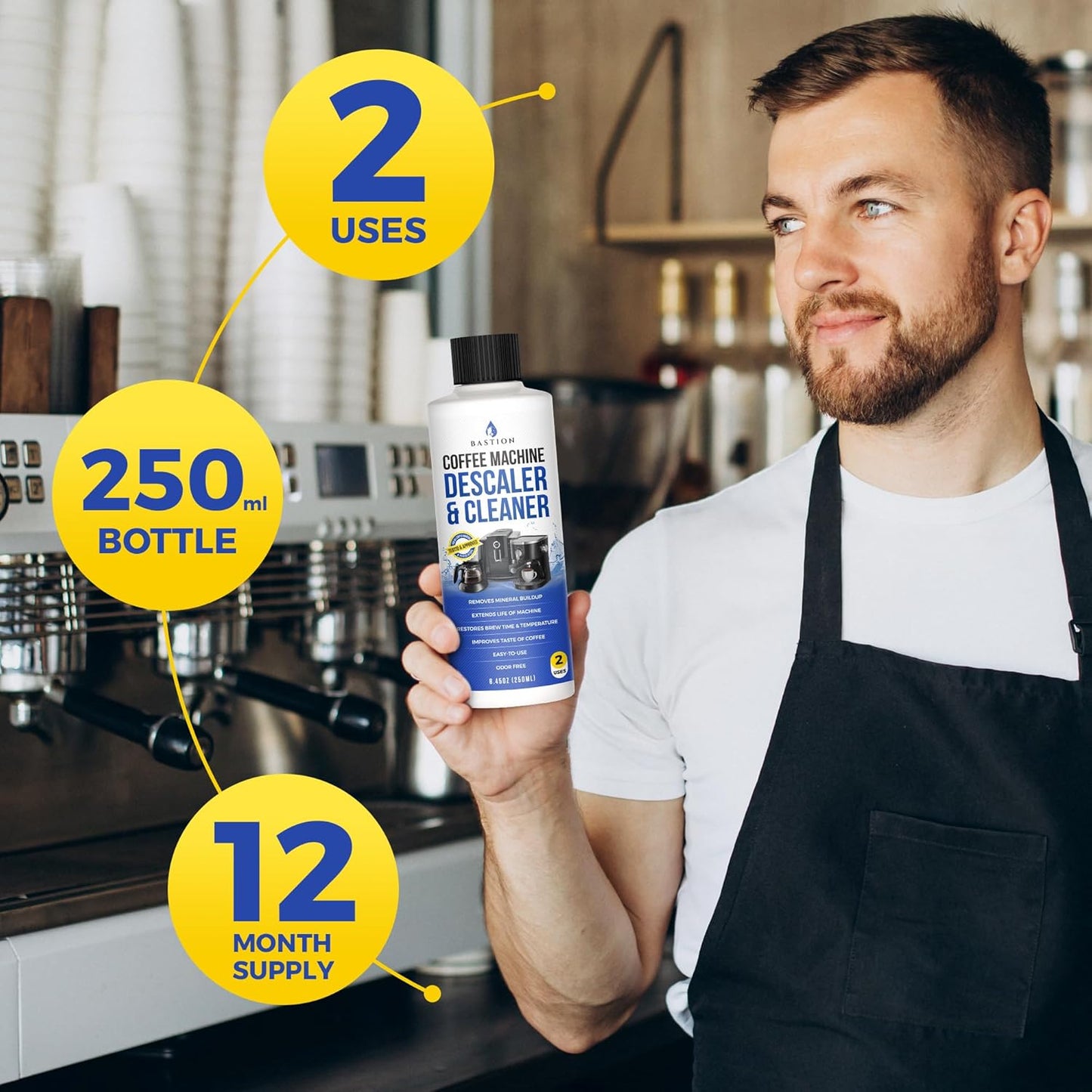 Bastion Coffee Machine Descaler & Cleaner - 2 Uses. (1 Bottle) Universal Descaling Solution Compatible with Keurig, Nespresso, Delonghi and All Single Use Coffee and Espresso Machines