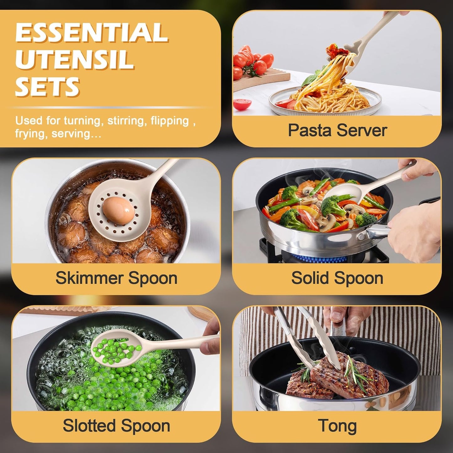 15-Piece Kitchen Cooking Utensils Set with Holder, Homikit Heat Resistant Food Grade Silicone Kitchen Utensils include Slotted Spatula Ladle Turner for Nonstick Cookware, Dishwasher Safe- Khaki
