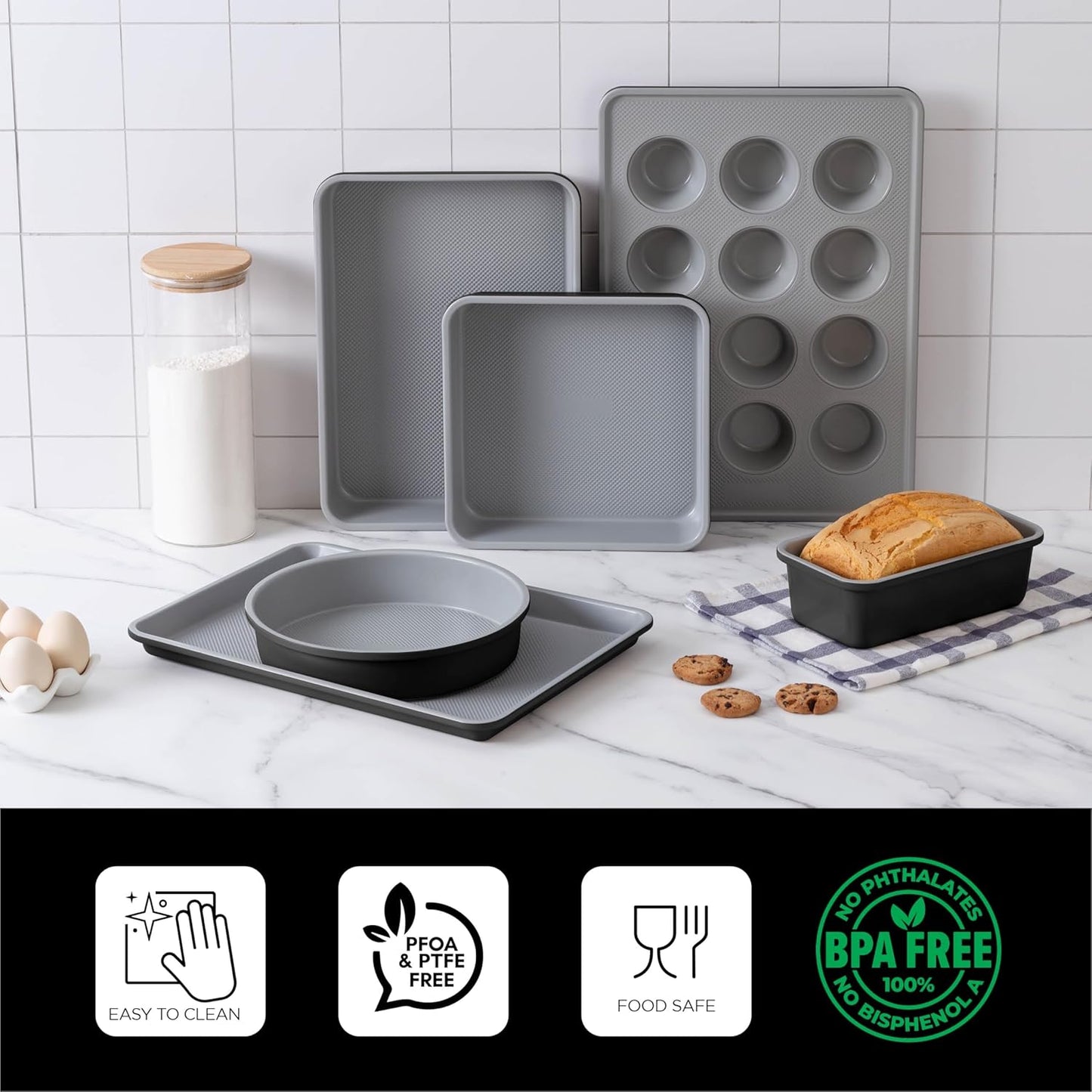 Country Kitchen Nonstick Stackable Bakeware Set - Durable, Easy Release Baking Set, Black, 6 Pcs