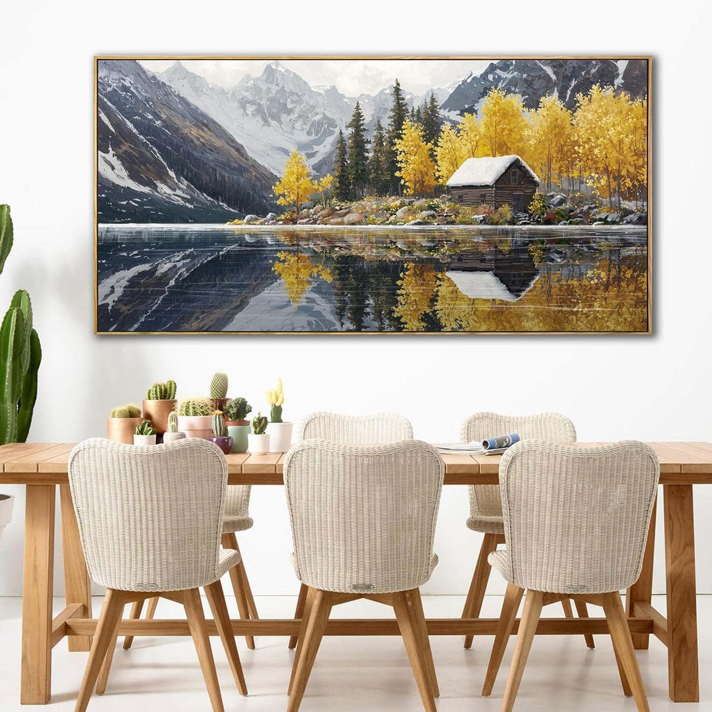 KLAKLA Living Room Wall Art - Tranquil Lake Cabin Orange Tree Forest Snowy Mountain Canvas Wall Decor Oversize Landscape Picture Framed Artwork for Bedroom Office Walls Home Decoration 58x29 Inches