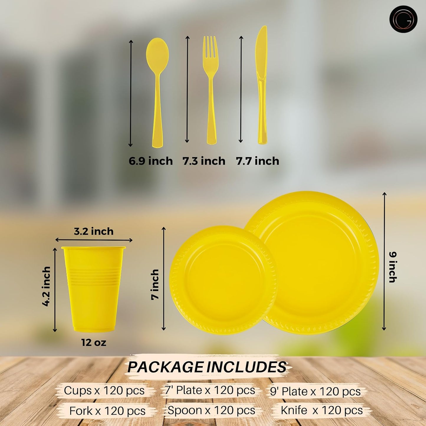 Grandipity 720 Piece Yellow Disposable Dinnerware Set, Plastic Dinnerware Set Includes 120 Count 9' Dinner Plates, 7' Dessert Plates, 12oz Cups, Forks, Knives & Spoons