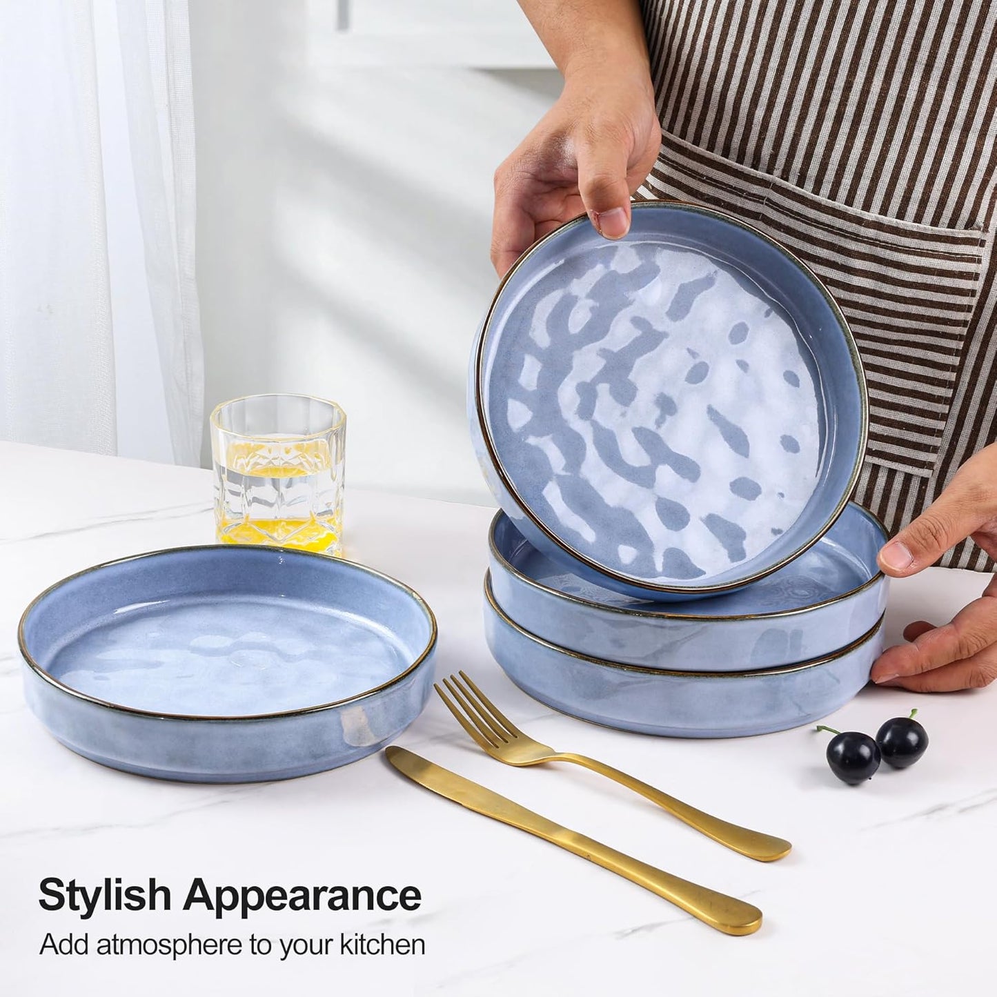 E-far Pasta Bowls Set of 4, 30oz Shallow Salad Bowls for Dinner Serving, 8.25" Stoneware Ceramic Bowl Plates for Noodle Soup, Microwave & Dishwasher Safe, Reactive Glaze, Blue