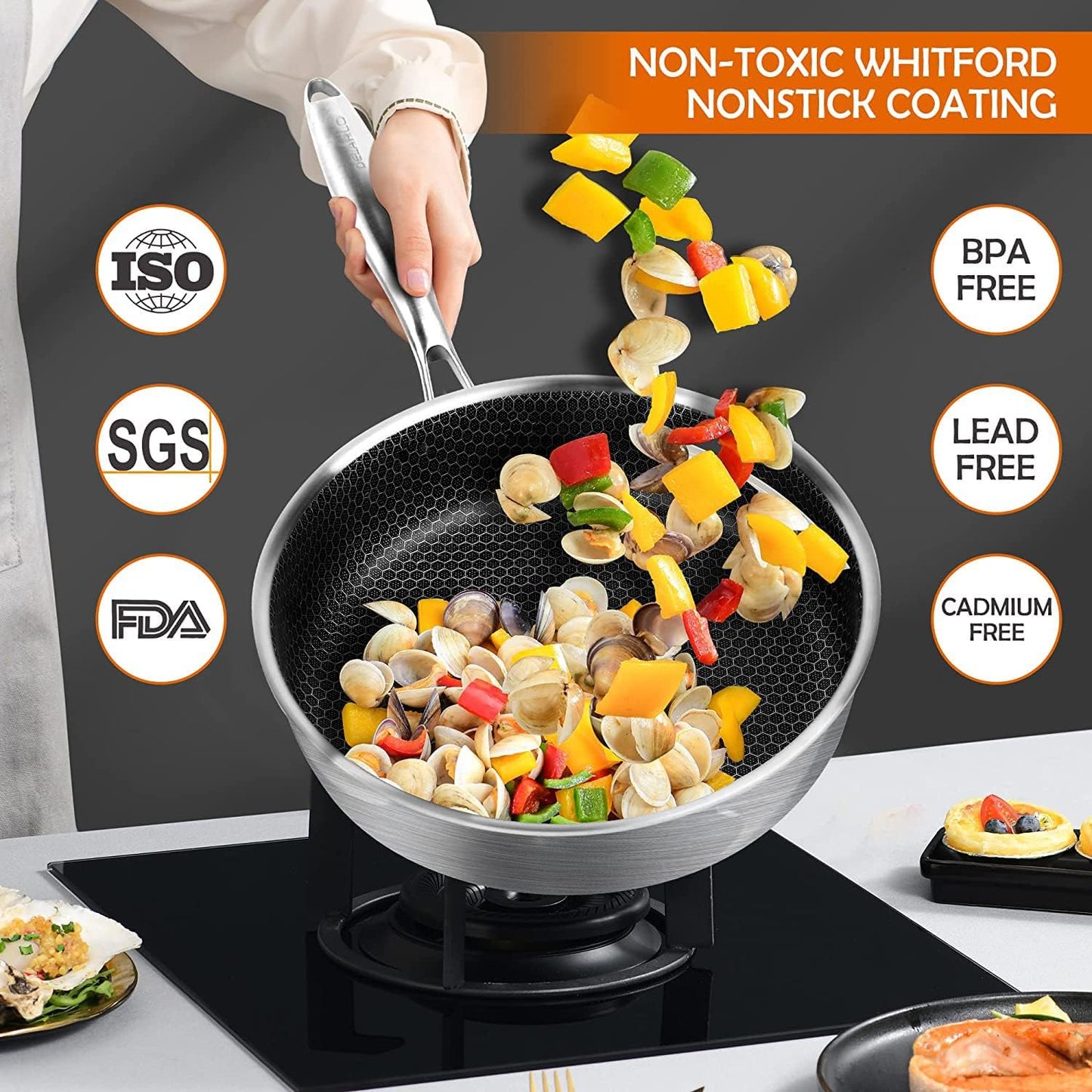 DELARLO Tri-Ply Hybrid Stainless Steel 10 Inch Saute Pan,3QT Chef Cooking Pan,Anti-Scratch,Compatible with All Cooktops,Oven Up to 660℉,Chicken Fryer,Dishwasher-Friendly（Detachable handle）