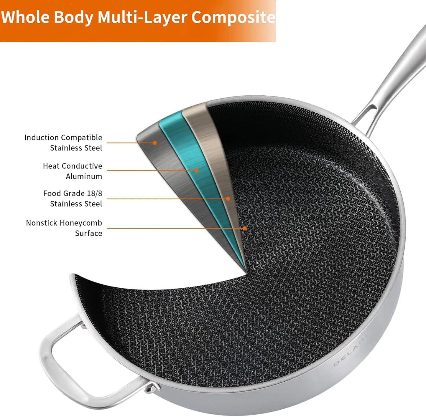 DELARLO Frying Pan,12 inch Tri-Ply Stainless Steel Skillet,6 Quart Saute Pan with lid, Compatible with All Cooktops,Oven Up to 660℉,Chicken Fryer,Dishwasher-Friendly