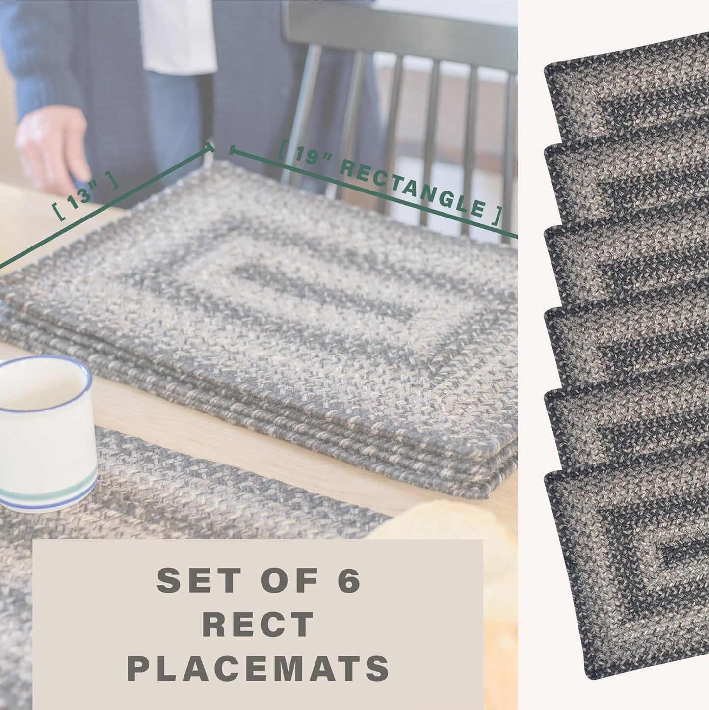 Homespice Flint Hill Dining Placemats, Warm Primitive Decor, Set of 6, Grey - 13x19 Rectangle Table Mats - Vibrant Colors, Durable, Easy to Clean and Protects Furniture