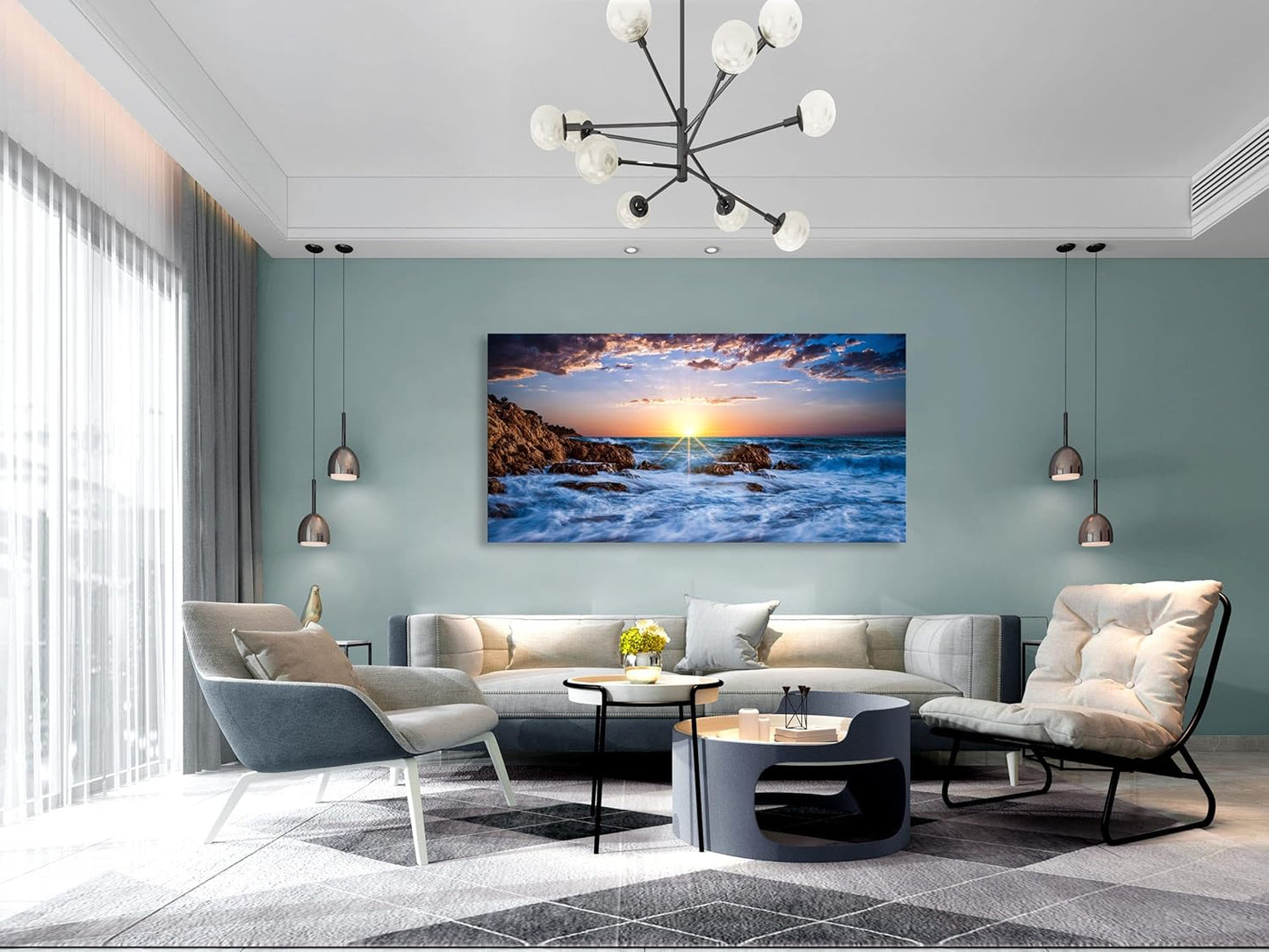 Muolunna BK05862 Wall Art Decor Canvas Print Picture Sunset Blue Ocean 1 Panel Sea Waves Scenery Painting Artwork for Office Wall Decor Home Decoration Stretched and Framed Ready to Hang 24x48inch