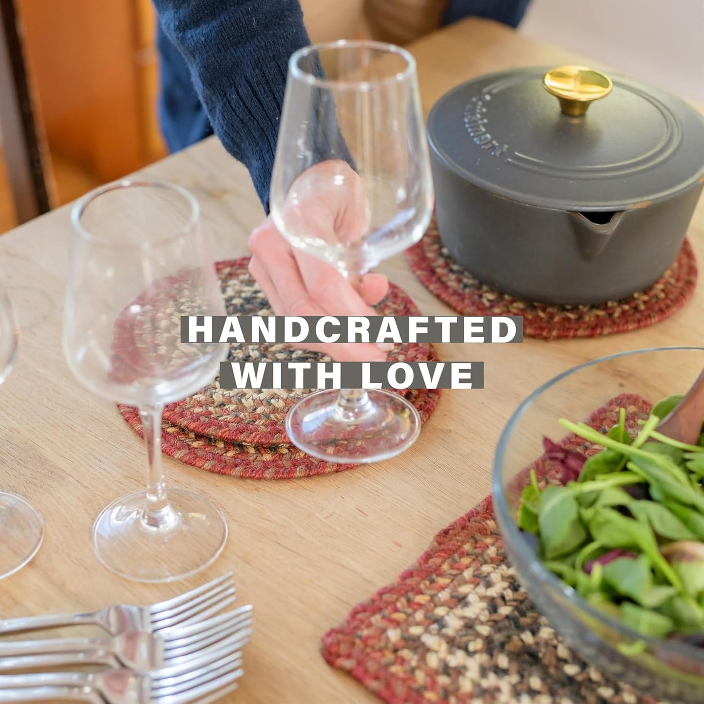 Chester Round Braided Placemats, Warm Lodge and Cabin Decor, Set of 2, 15" Red Jute Table Mats - Vibrant Colors, Durable, Easy to Clean and Protects Furniture