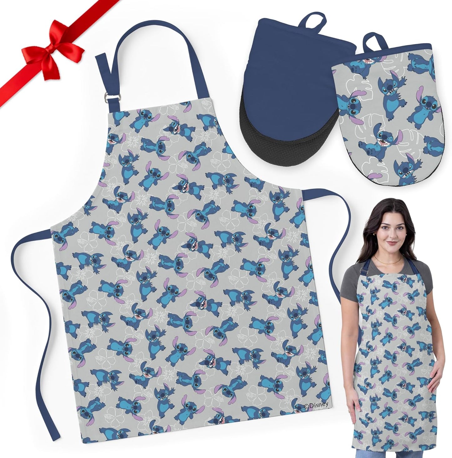 Disney Apron & Oven Mitts Set – 3 Piece Bundle with 1 Cotton Kitchen Apron for Cooking & 2 Heat Resistant Pot Holders
