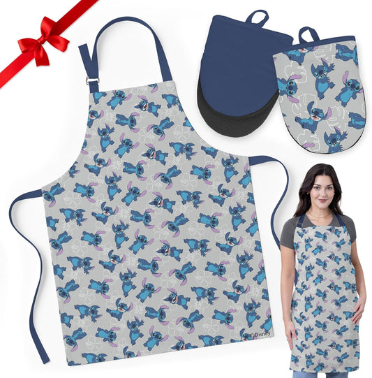 Disney Apron & Oven Mitts Set – 3 Piece Bundle with 1 Cotton Kitchen Apron for Cooking & 2 Heat Resistant Pot Holders