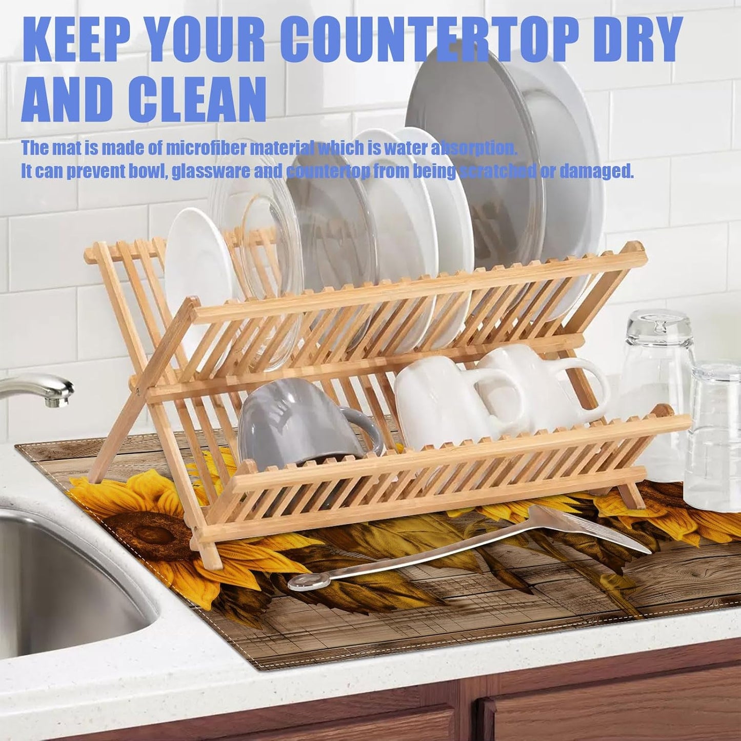 Vintage Sunflower Wooden Grain Dish Drying Mat for Kitchen Counter Drying Pad Absorbent Reversible Dish Drainer Rack Mats Draining Pad 18"x24"Inch