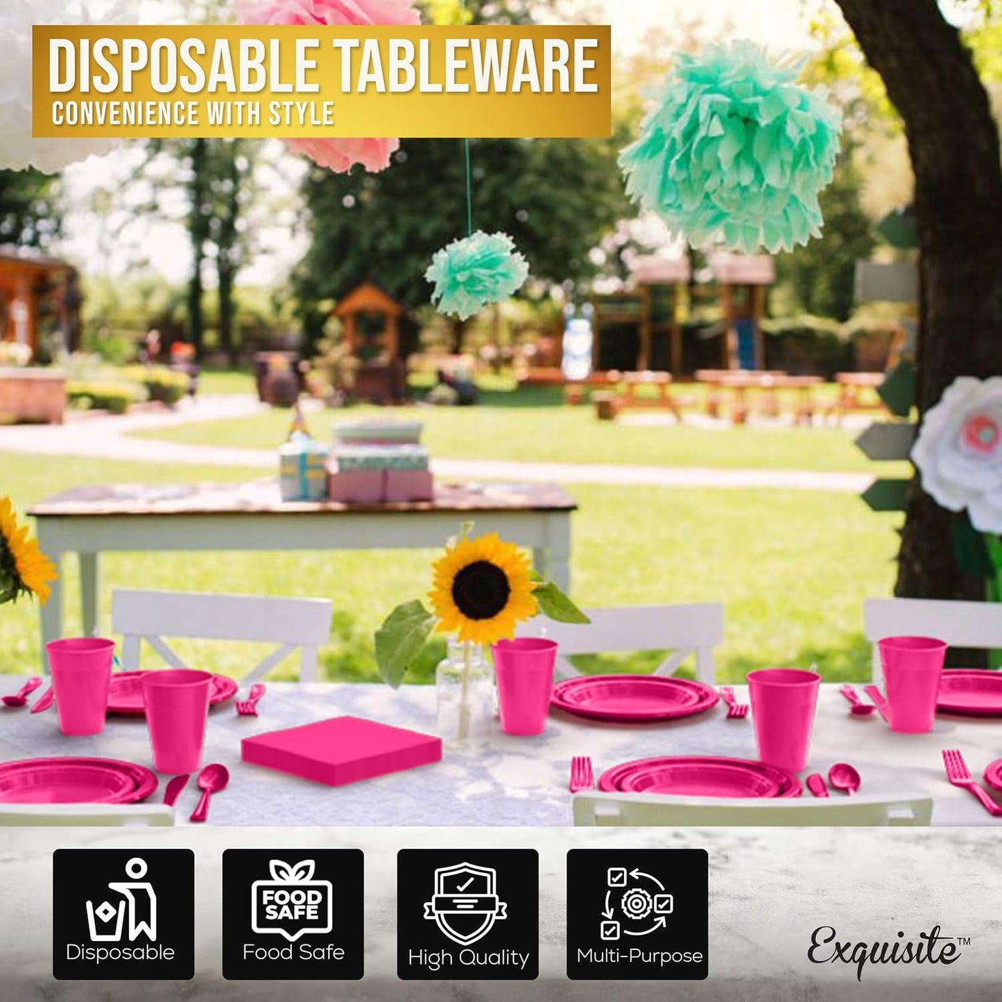 Party Solids 350 Pieces Cerise Plastic Plates For Party, Cerise Disposable Plates Set, 50 Of Each 9" Dinner Plate Set, 7" Dessert Plate, Cups, Napkins & Cutlery Plastic Dinnerware