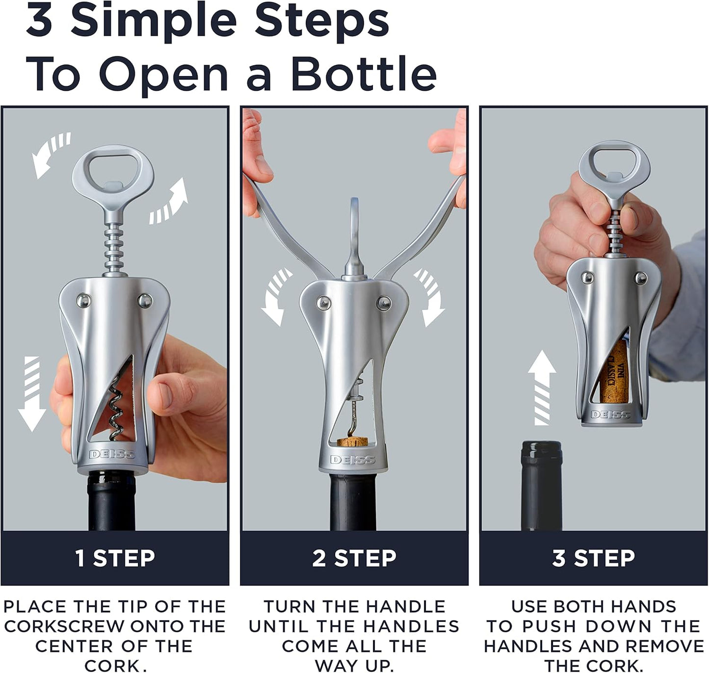 Deiss LUX Wine Opener, All-Metal Wing Corkscrew Wine Bottle Opener with Built-in Beer Bottle Opener - Ergonomic Cork Screw Wine Corker, Silver Matte Coating, Velvet Storage Pouch (SILVER)