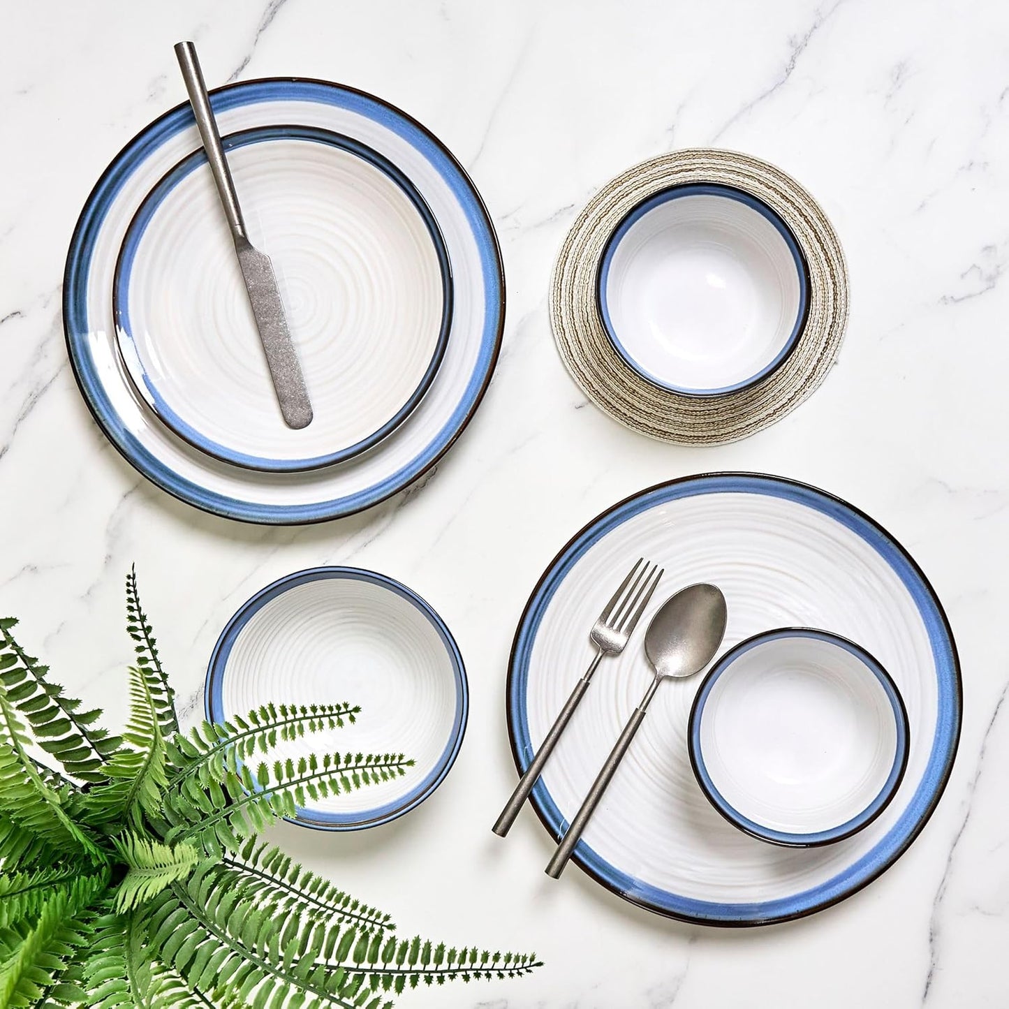 Sango Siterra Santorini 16-Piece Stoneware Dinnerware Set for 4, Ceramic White Plates and Bowls Sets with Blue Rim & Reactive Glaze, Chip Resistant Dish Set, Microwave & Dishwasher Safe Kitchen Dishes