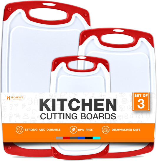 Cutting Boards for Kitchen - BPA-Free Chopping Board - Different Sizes & Non Slip Handles - Reversible, Large Cutting Board Set - Unique Gifts for Cooks Who Have Everything - 3-Pack Red