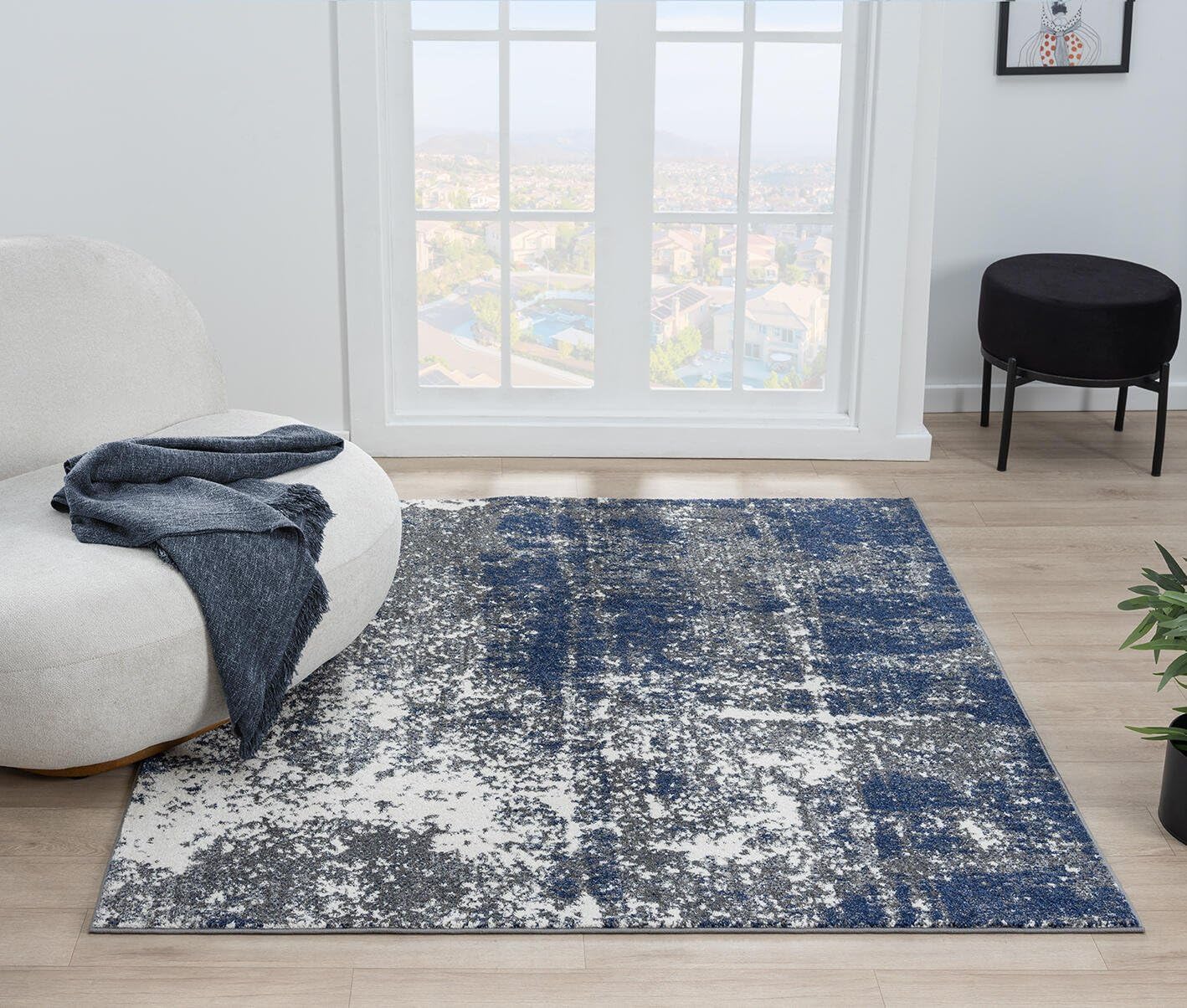 Keen Home Design Area Rugs - 5ft Round Non-Shedding, Abstract Rugs for Kitchen, Living Room, Bedroom, Dining Room, Entryway - Size: 5'3" Square, Navy/Grey/White