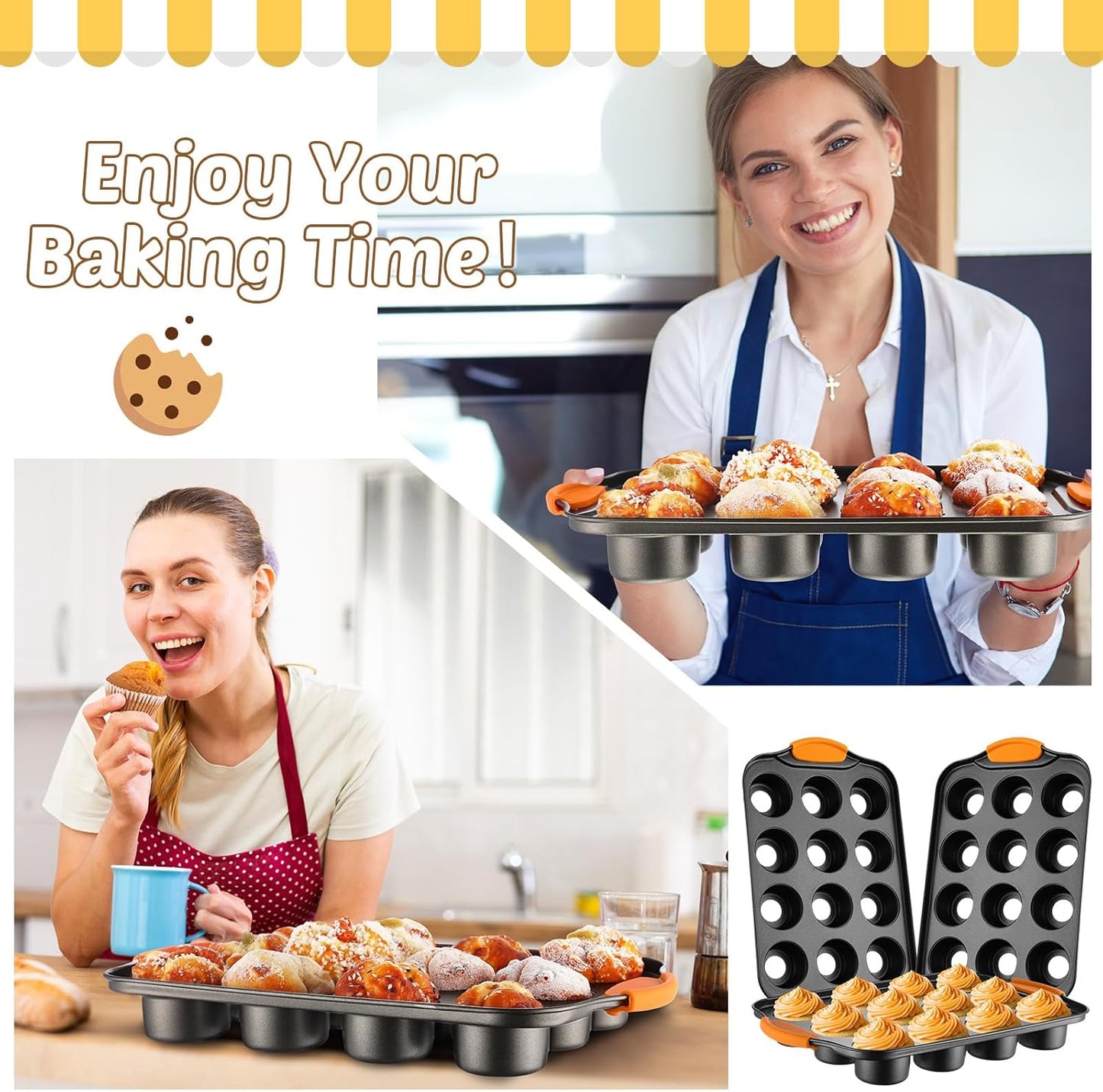 Uiifan 3 Pack Mini Cheesecake Pans Removable Bottom 12 Cavity Mini Cupcake Pan with Silicone Handle Nonslip Anti Heat Nonstick Carbon Steel Muffin Mold 13 x 8 Baking Molds(Orange)