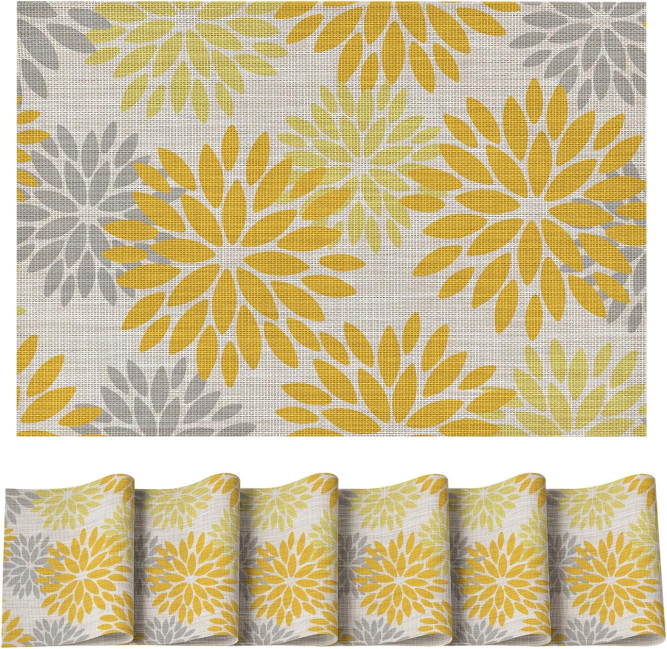 Artoid Mode Floral Plastic Placemats Set of 6, 12x18 Inch Washable Non-Slip Plastic Vinyl Place Mats for Party Kitchen Dining Decor, Yellow