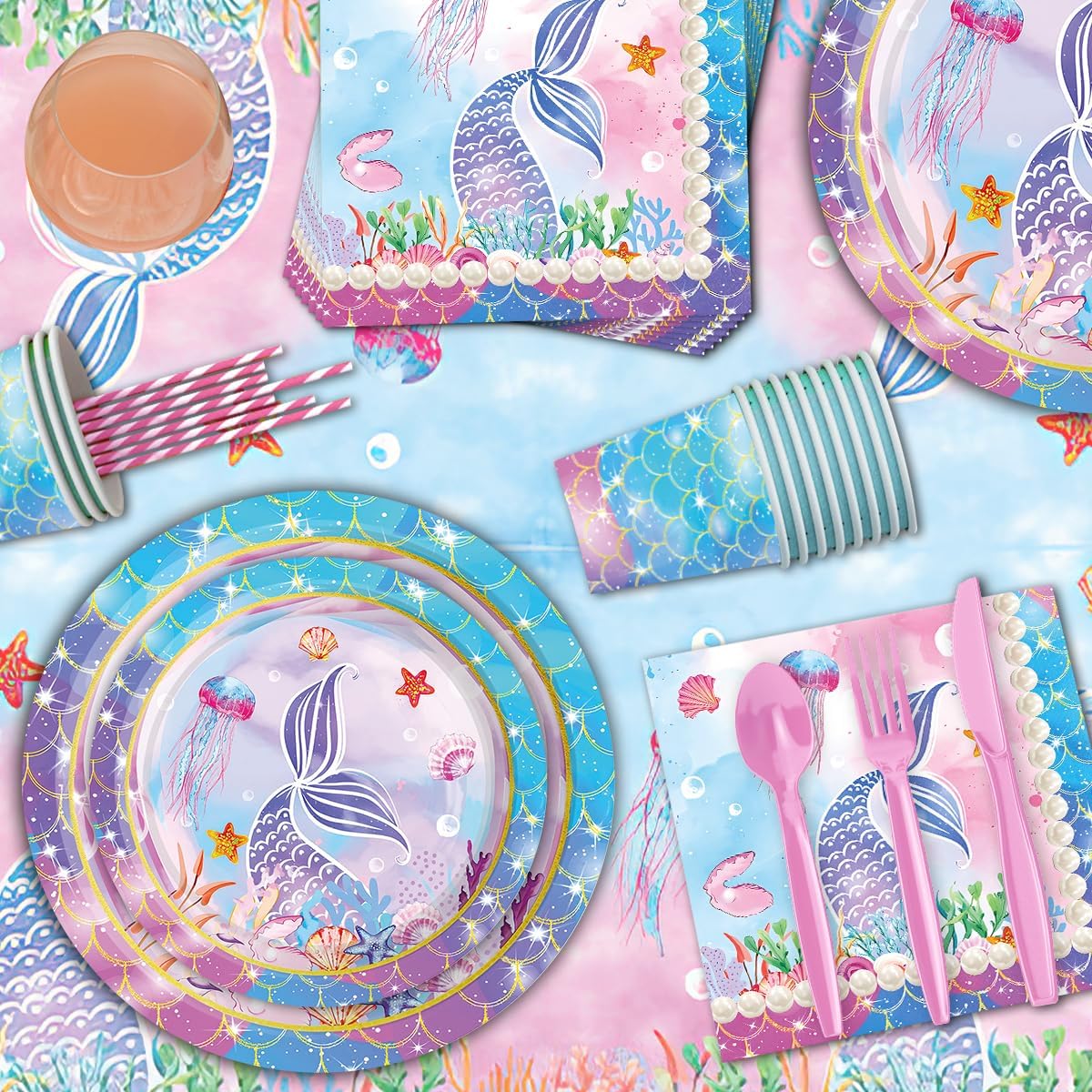 Mermaid Party Supplies Plates and Napkins Sets,Mermaid Birthday Decorations Disposable Plates for Baby Shower, Mermaids Theme Tableware with Cups, Tablecloth, Birthday Banner for Kids Girls, Serve 24