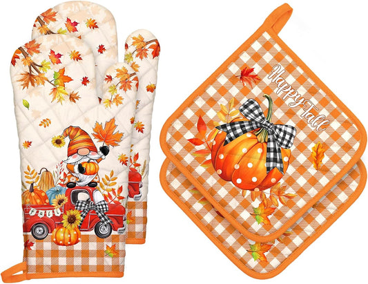Fall Pumpkin Gnome Oven Mitts and Pot Holders Sets 4Pcs, 100% Cotton Heat Resistant, Extra Long Oven Gloves Potholder for Thanksgiving Kitchen Cooking Baking Decoration