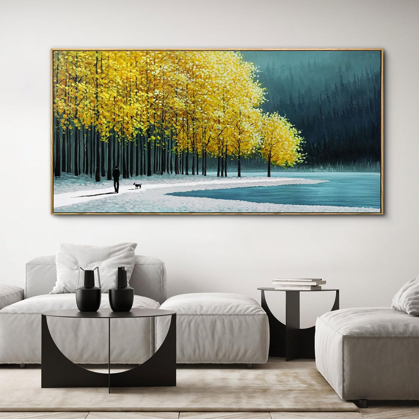 KLAKLA Large Wall Art - Yellow Bedroom Birch Tree Valley Snowy Forest Wild Lakes Landscape Canvas Pictures Wall Decoration for Living Room Office Home Decor - 58x29 Inches