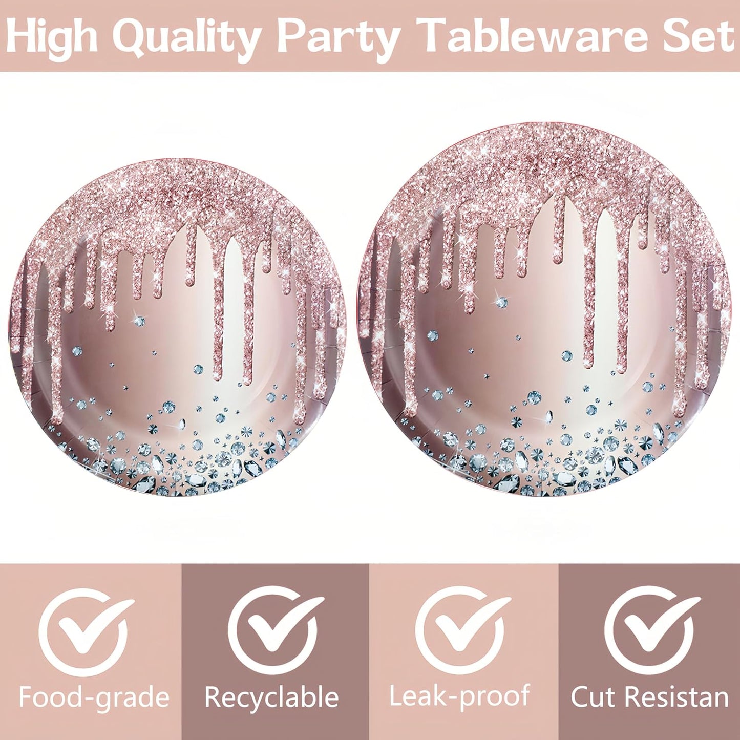 DTDO 96 Pcs Rose Gold Set Disposable Paper Plates Napkins and Forks Pink Party Decoration Rose Gold Themed Birthday Dinnerware for Girls Birthday Decorations, Serves 24