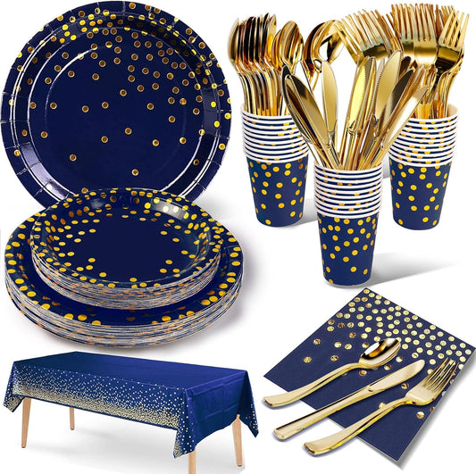 141 Pieces Navy Blue Gold Party Supplies, Party Dinnerware Sets Include Paper Plates Napkins Cups Silverware, for Wedding Bridal Shower Engagement Birthday Parties Decoration -20 Serves