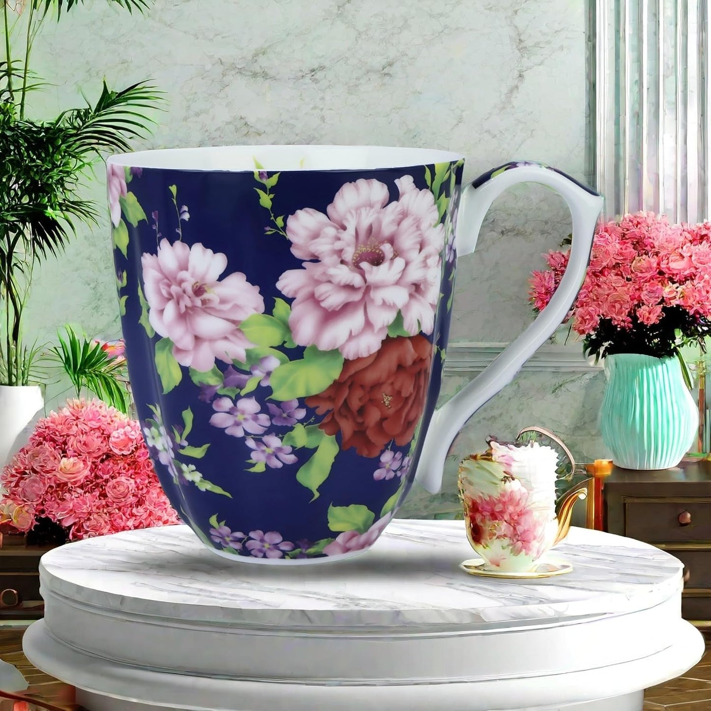 14oz Cute Coffee Mugs for Women Cute Mugs Bone China Floral Coffee Mug Teacups for Mom Women Birthday Gifts Christmas Gifts
