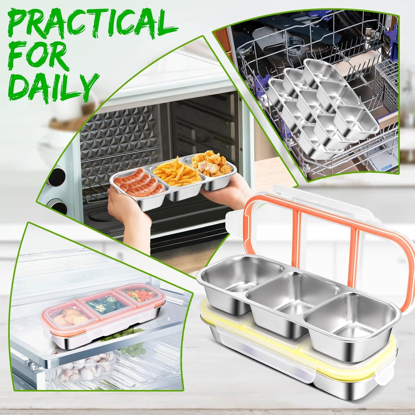 2 Pack Stainless Steel Snack Containers with Lids - Reusable 3 Compartment Snackle Box Container Divide Wet Dry Leakproof Metal Food Storage Containers for School, Home, Travel (Yellow + Orange)