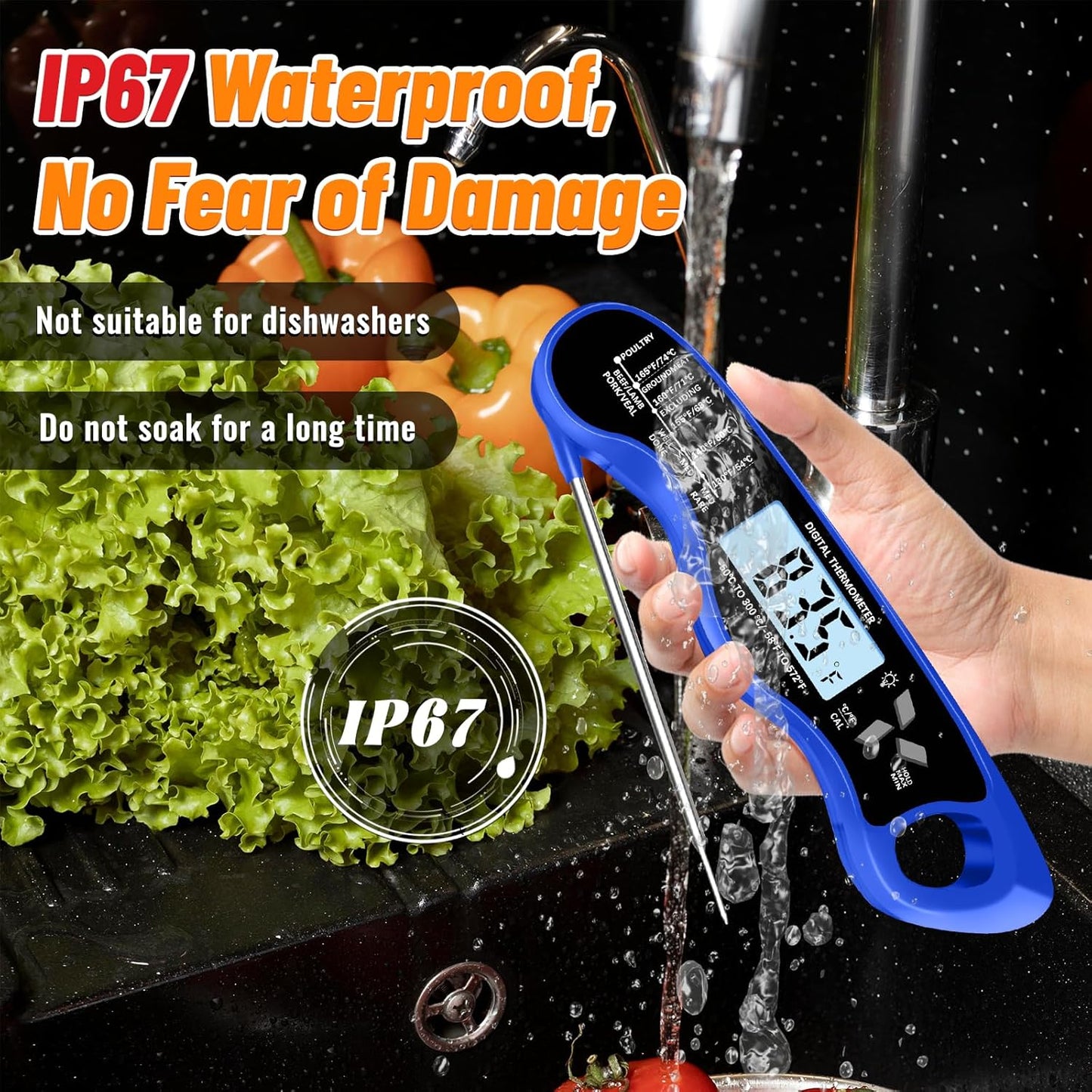 Meat Thermometer, IP67 Waterproof Digital Meat Thermometer with Backlight, Hold Function & Magnet for Grill, BBQ, Candy, Beef,Turkey，Gadgets Essentials BBQ Accessories,Mens Stocking Stuffers