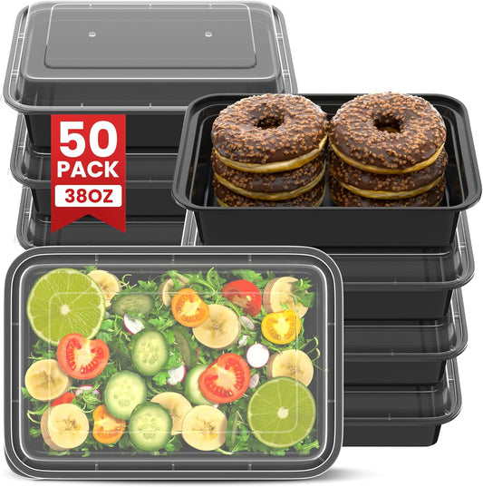 38oz Meal Prep Containers [50-Pack], Reusable Bento Box with Easy-Snap Leakproof Lids - Microwave, Dishwasher & Freezer Safe Food Storage, BPA-Free Plastic Lunch Containers (Black)