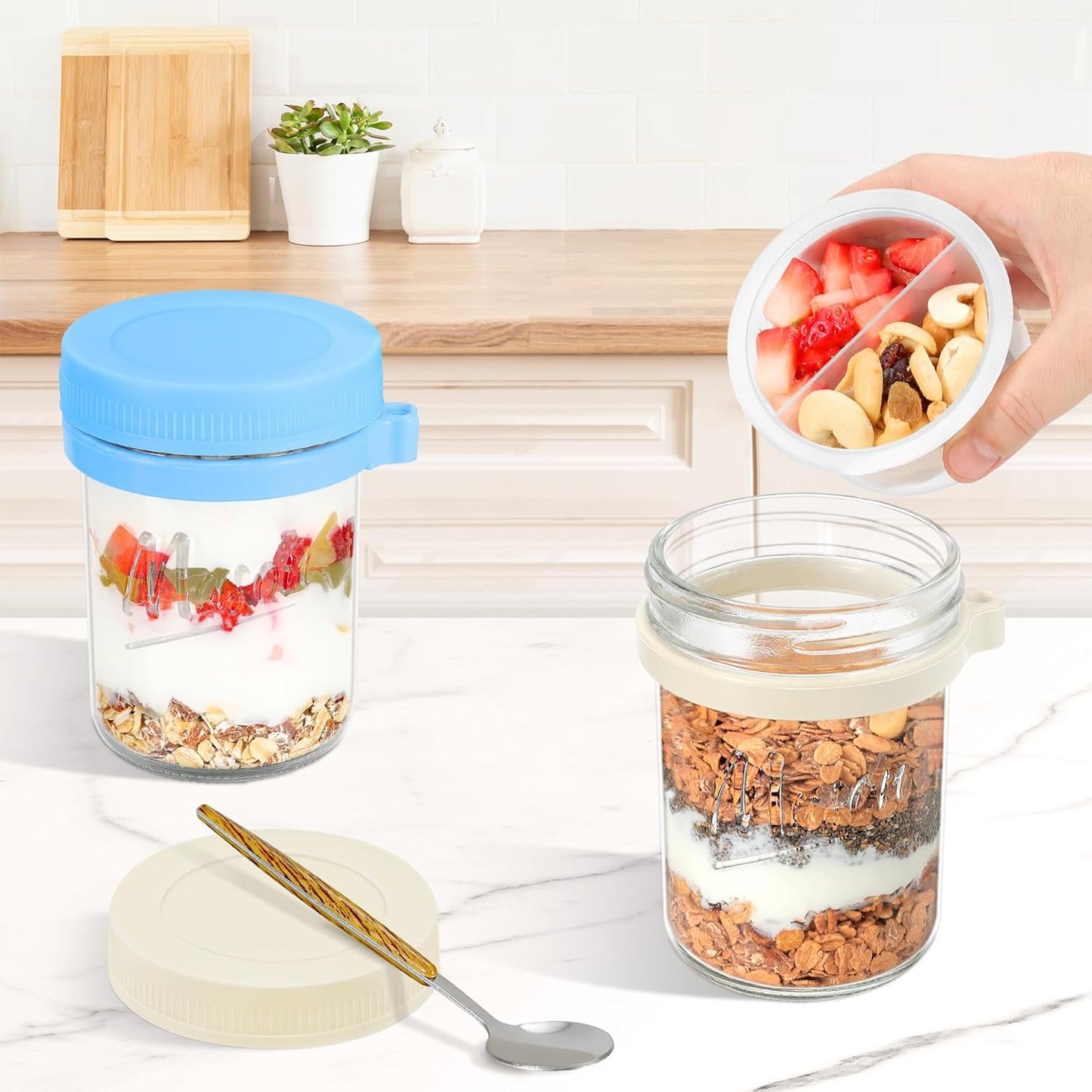 6 Pack Overnight Oats Containers with Lids and Spoons, 16 oz Mason Jars with Removable Separate Compartments, Airtight and Leak-Proof Glass Jars for Chia Pudding, Yogurt, and Oatmeal