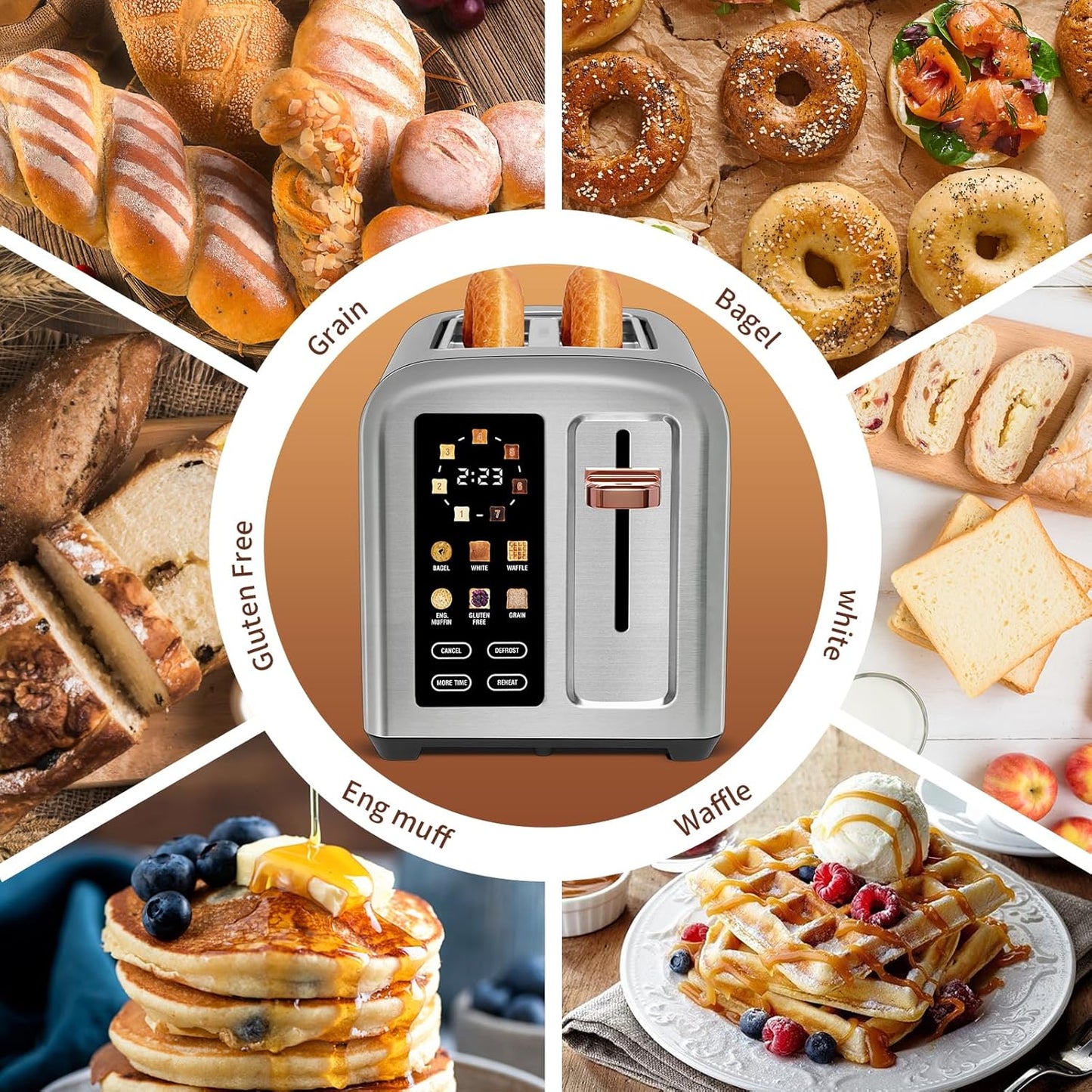 SEEDEEM Toaster 2 Slice, Touch Control Stainless Toaster LCD Display, 50% Faster Heating Speed, 1.4'' Wide Slots, More Timer Functions, Removable Crumb Tray, 1350W, Silver White