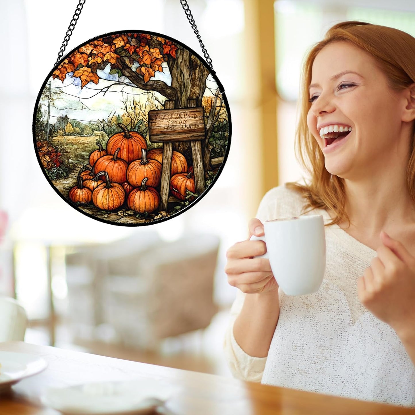 Stained Glass Window Hanging Fall Farm Scenery Maple Trees Pumpkin 6.3" - Suncatcher Door Garden Kitchen Sun Catcher Autumn Decor Birthday for Mom Nana Men Woman Friend