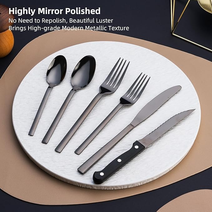 24 Pcs Silverware Flatware Service for 4, 18/0 Stainless Steel Tableware with Steak Knives, High Mirror Polished Cutlery Set in Ergonomic Design Size and Weight, Dishwasher Safe, Black