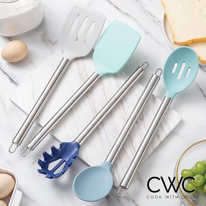 COOK WITH COLOR Silicone Cooking Utensils, Kitchen Utensil Set, Easy to Clean Silicone Kitchen Utensils, Cooking Utensils for Nonstick Cookware, Kitchen Gadgets Set, 5 Pieces, Blue Ombre