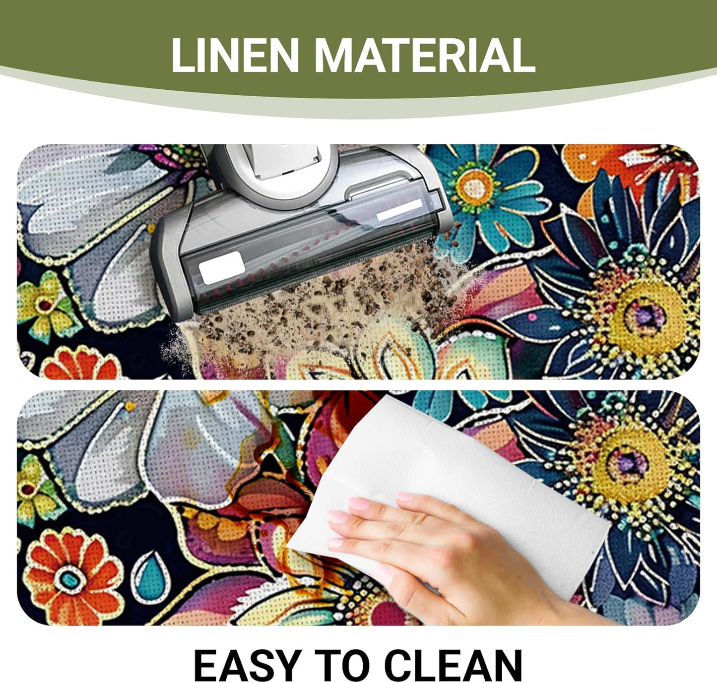 Boho Vintage Floral Kitchen Rugs Set of 2, Colorful Retro Flowers Floor Mats Decor, Bohemian Botanical Door Mat Home Decorations - 17x29 and 17x47 Inches