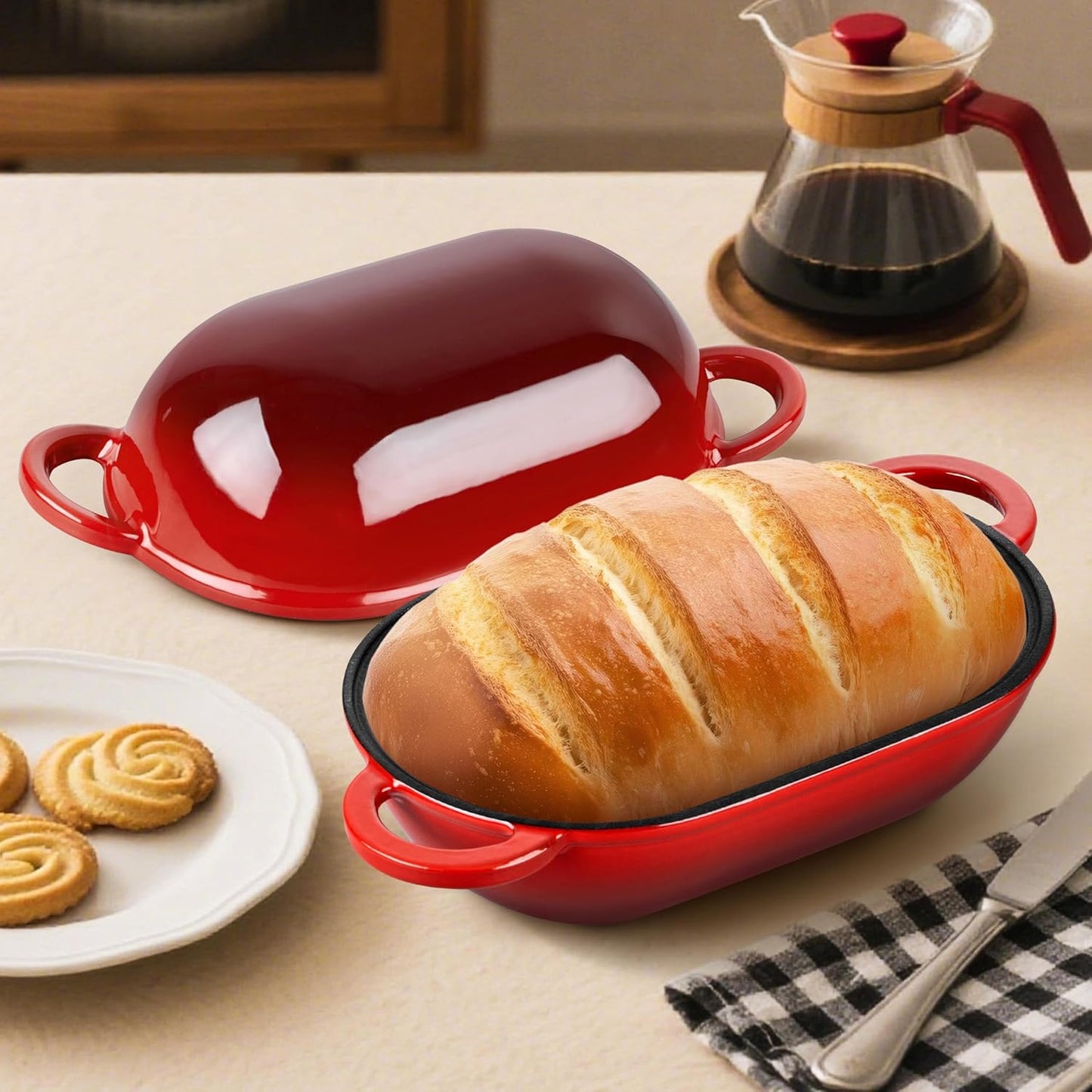 Homikit Enameled Cast Iron Dutch Oven for Bread Baking, 2.8 QT Oval Bread Oven Pot with Lid, Sourdough Loaf Iron Dutch Oven Pan for Roasting Cooking, Red & Heavy Duty