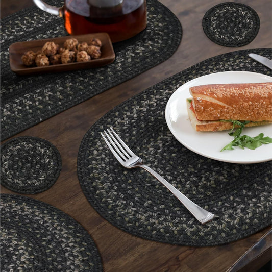 Homespice Jet Black Jute Braided Table Runner, Warm Primitive Decor, Set of 2, Oval 8x28 - Rich Colors, Easy to Clean, Durable and Protects Furniture